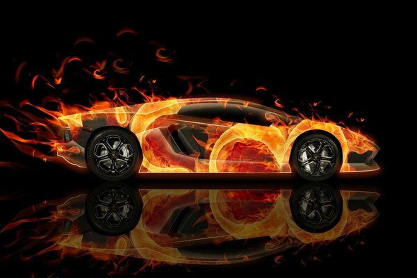 Bildchen. 2013 Lamborghini Auto in Flammen auf schwarzem Hintergrund