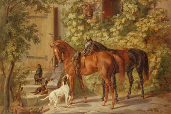 Painting after hunting. horses, dogs and prey