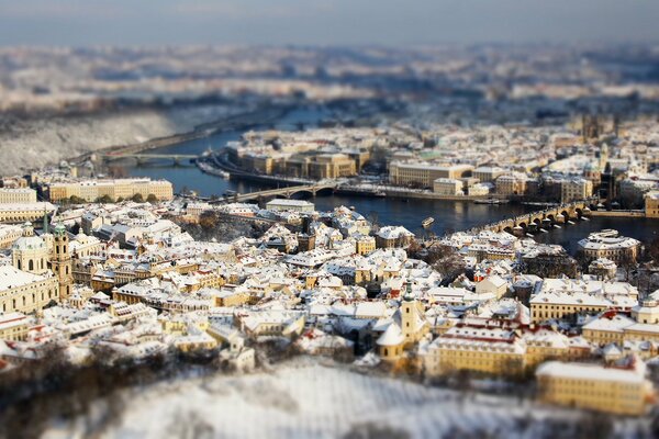 View of winter Prague blurred