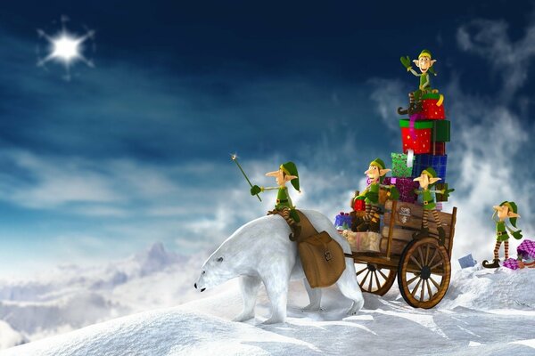 Magicien avec chariot et cadeaux de Noël sur la neige