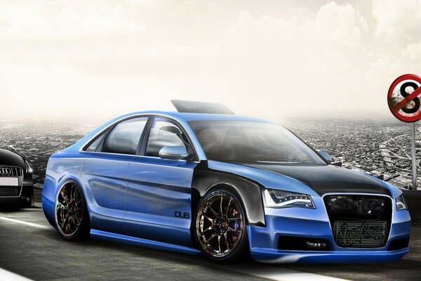 Voiture bleue tuning virtuel sur fond de ville