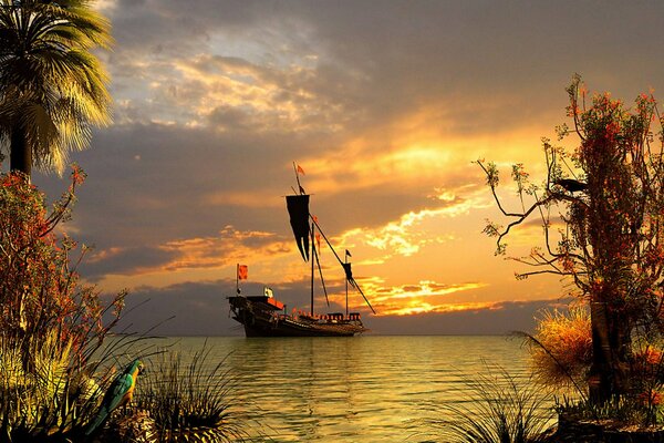 Seascape with a yacht at sunset