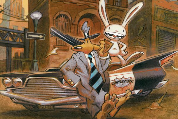 Amici detective Sam e Max sono seduti in macchina su