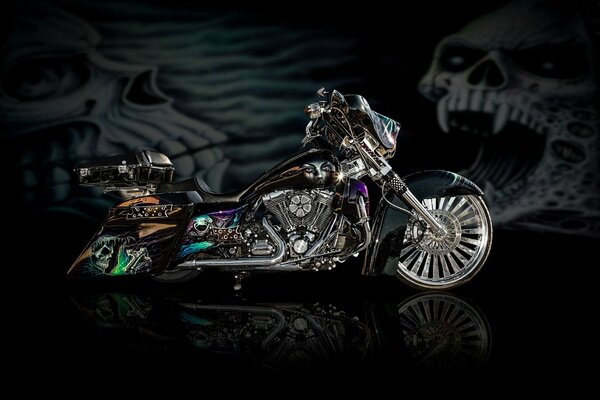 Powerful motorcycle with chrome details and drawings