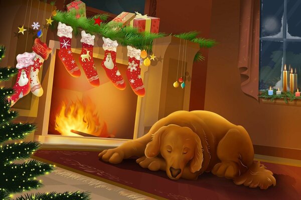 Cane vicino al camino in fiamme decorato per il nuovo anno