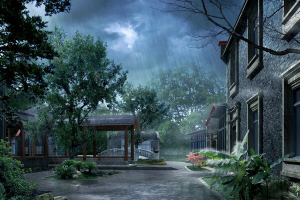 Un patio con árboles inundado de lluvia