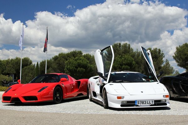 Présentation de la Ferrari rouge et de la Lamborghini blanche