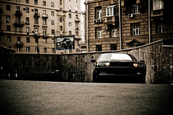 Black boomer on the background of residential buildings