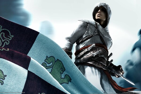 El asesino de Assassins creed con bandera y herramienta