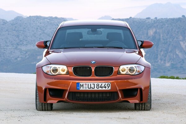 Una bella carriola bmw 1M color mattone sullo sfondo delle montagne