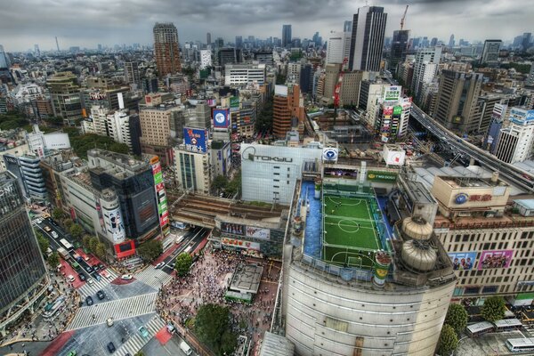 Football field on the roof of a house in Tokyo in Japan