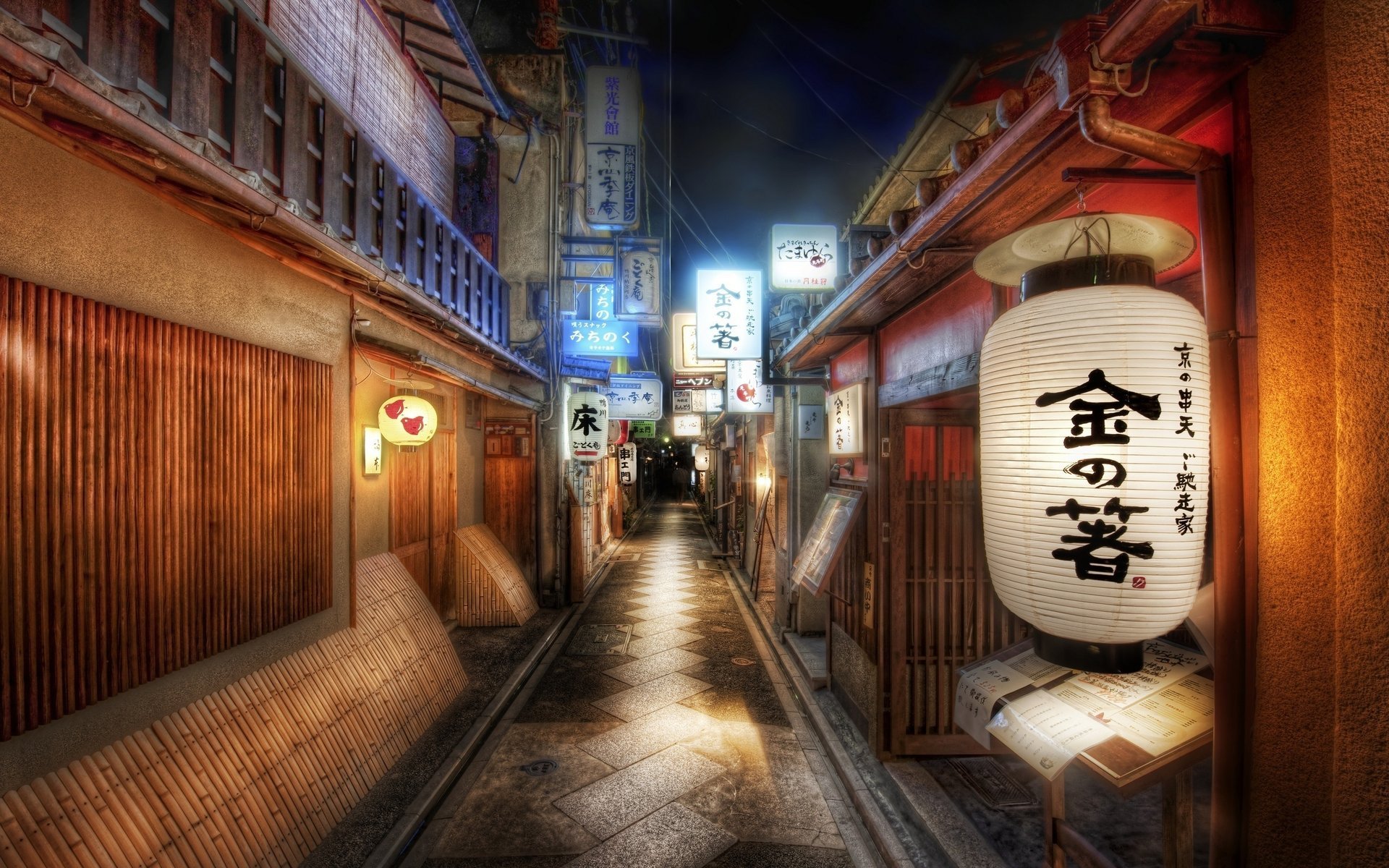 narrow road street japan asia lanterns light evening hieroglyphs signs neon lights buildings houses cities city lights east