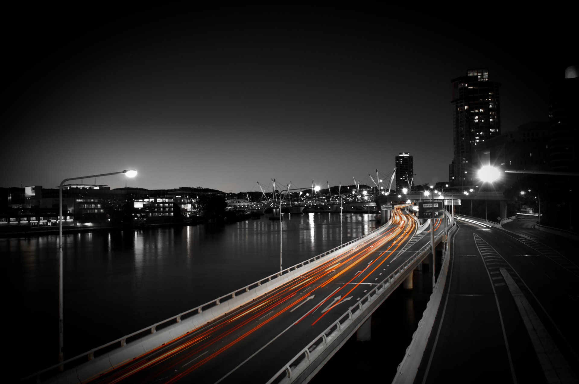 city road lanterns lights pond night buildings cars night sky city lights cities highway river darkne