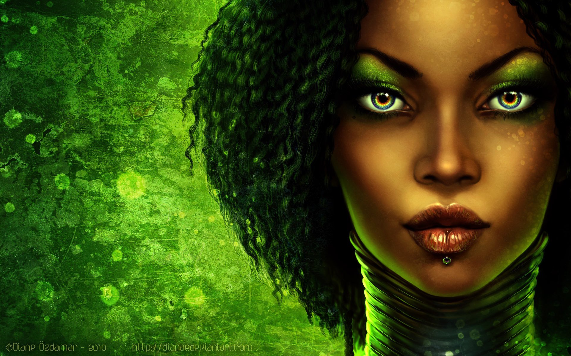 chica cara ojos cabello labios afro colores verde textura fondo retrato mujeres mirada verde maquillaje