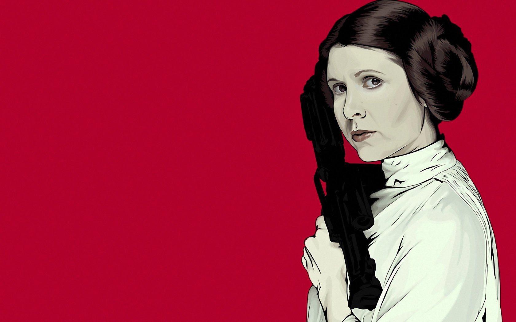 tar wars blaster brown hair kerry fisher star wars princess leia background red red background look woman hairstyle weapon white shirt shooter face portrait eyes drawings anime