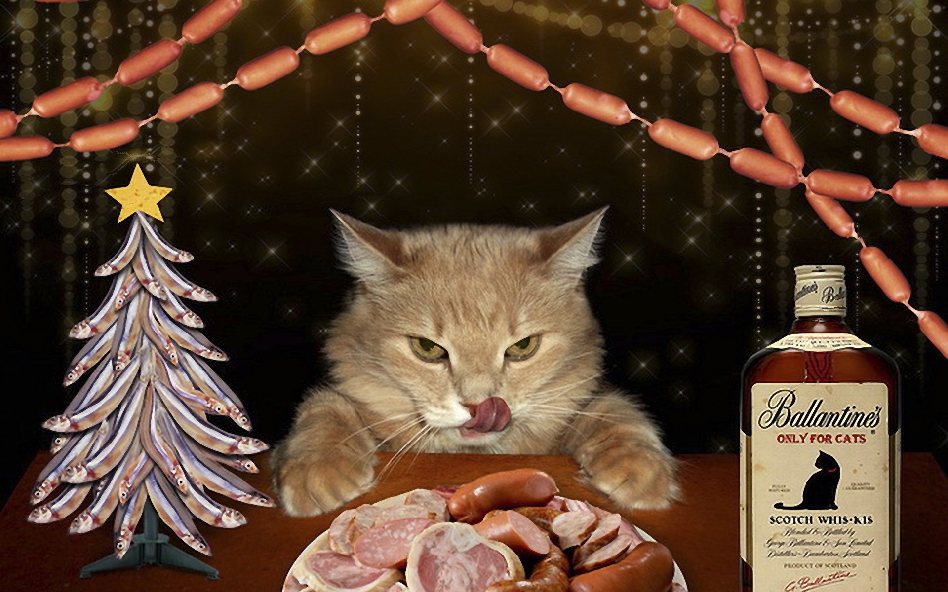 glutton sausage garland fish tree new year holiday feast cat tongue pet moustache muzzle sausage meat slicing bottle booze sausages joke creative fish animals feline look kitty-kitty-meow-meow drink