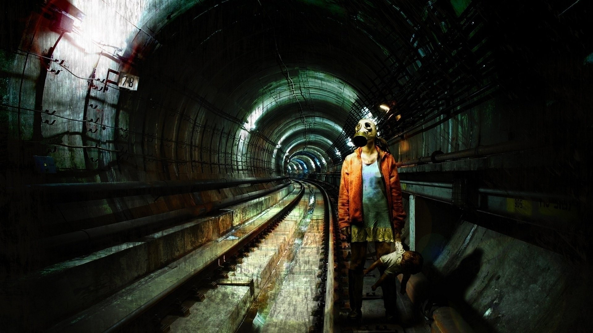 postnuclear gasmask fille masque à gaz poupée métro industriel cyberpunk industriel cyberpunk post-apocalypse rails obscurité crépuscule métro métro