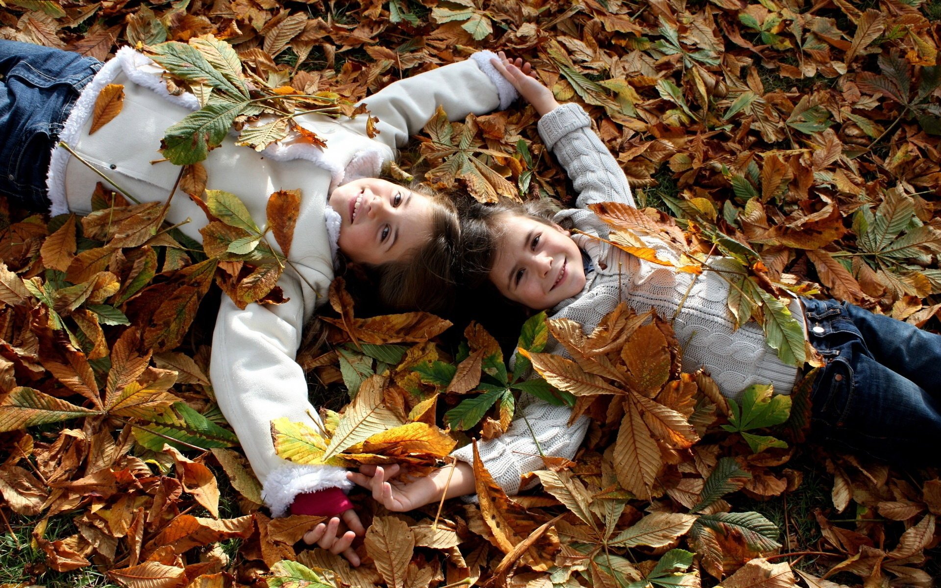 feuilles de châtaignier bébés sed ric enfants automne visage sourire yeux filles feuillage humeur joie jeu amusement copines femmes