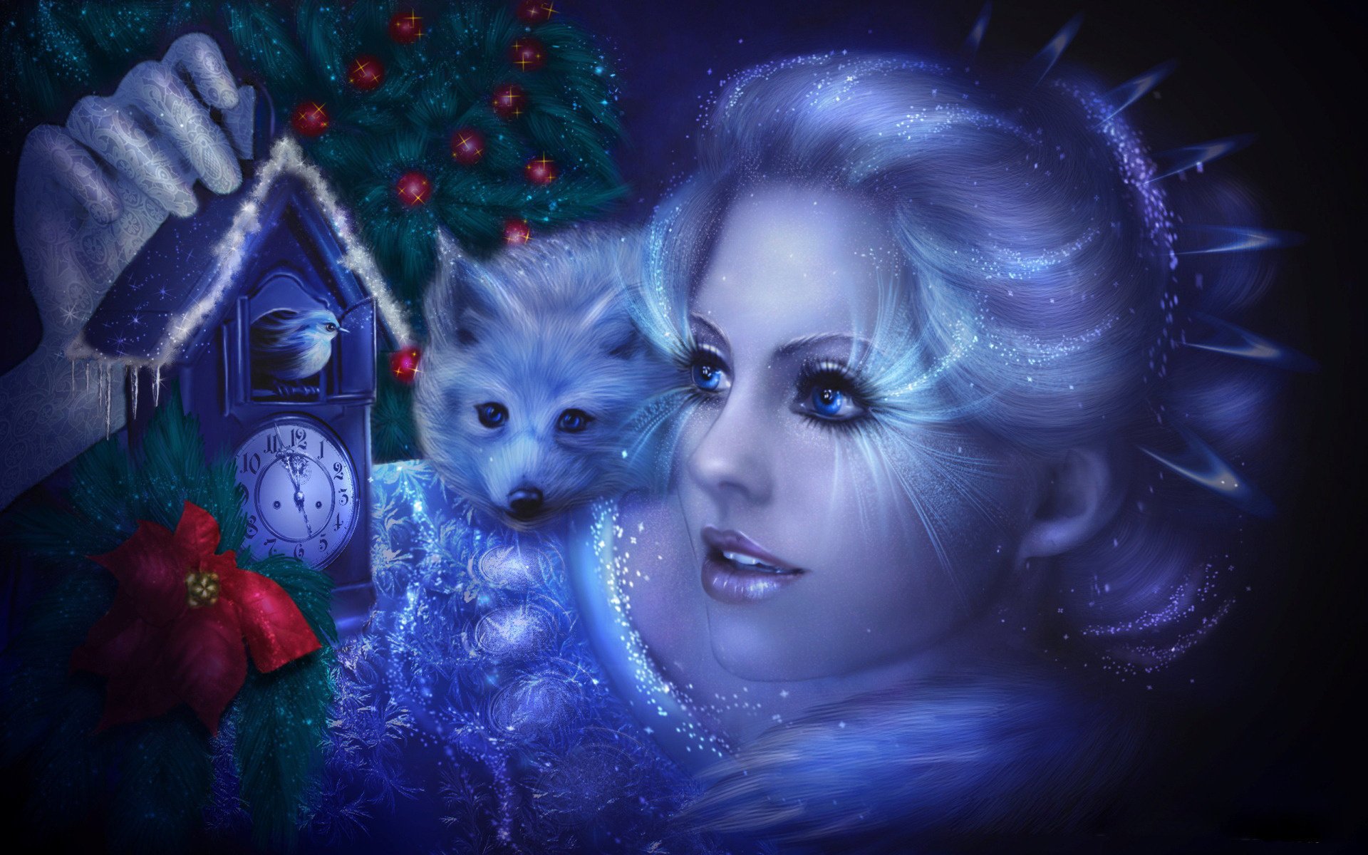 cuculo nuovo anno fiaba ragazza animale scintillio splendore orologio uccello albero di natale palle notte occhi blu acconciatura principessa costume tinsel luci vacanze modelli di moda donne occhi viso ritratto