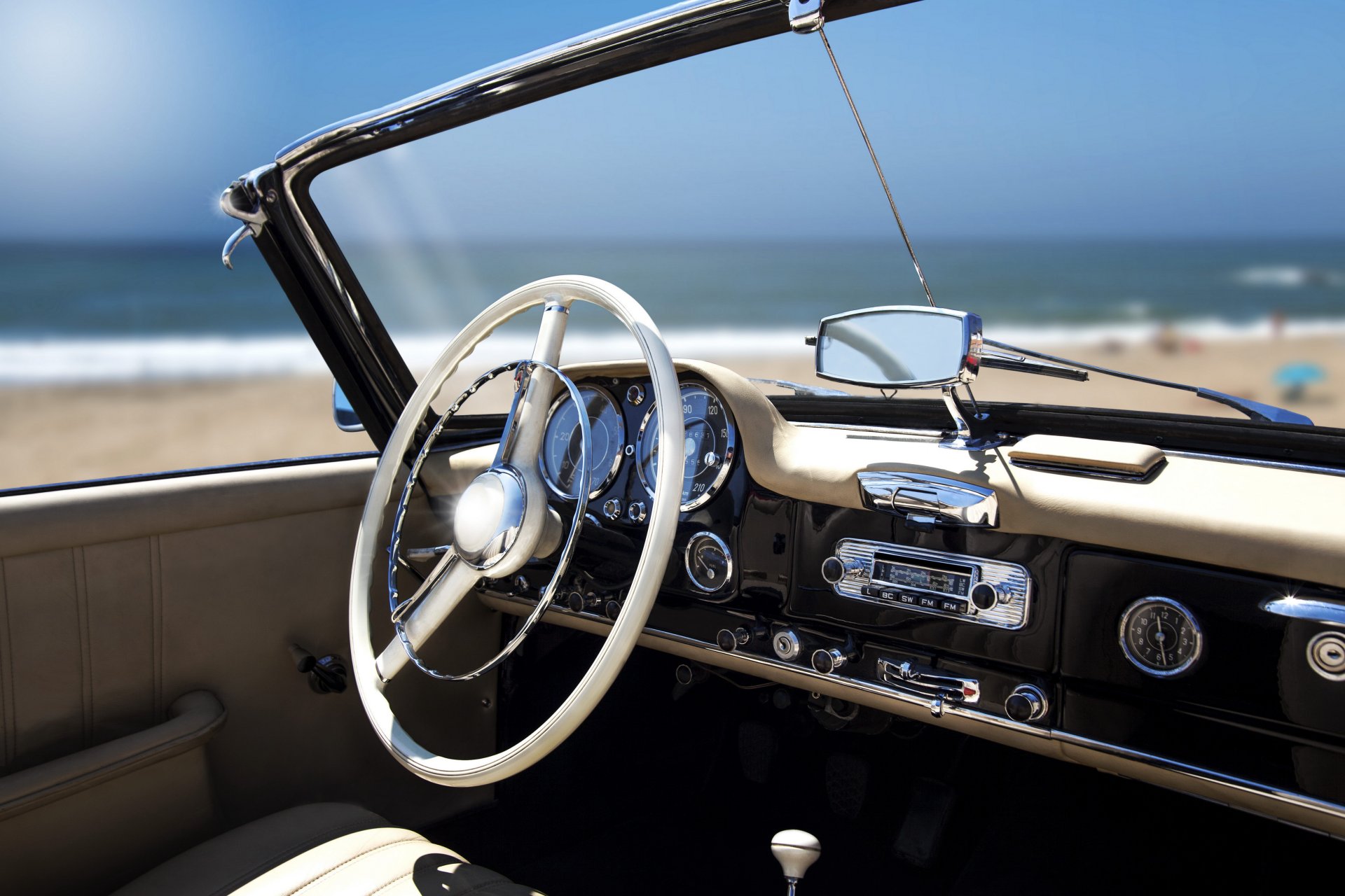 vehicles retro convertible salon steering wheel panel management appliances ocean beach sports relax blur bokeh wallpaper