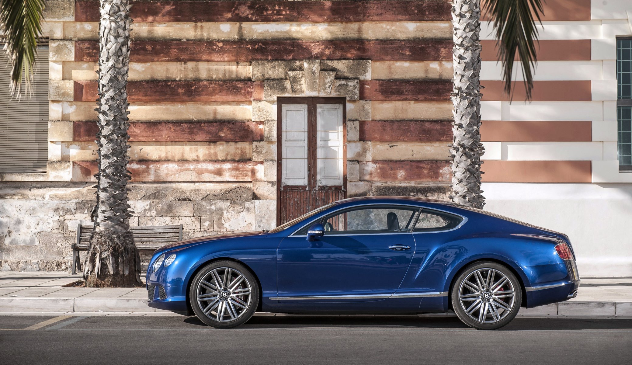 bentley continental gt speed car machine a side view blue day coupe doors building