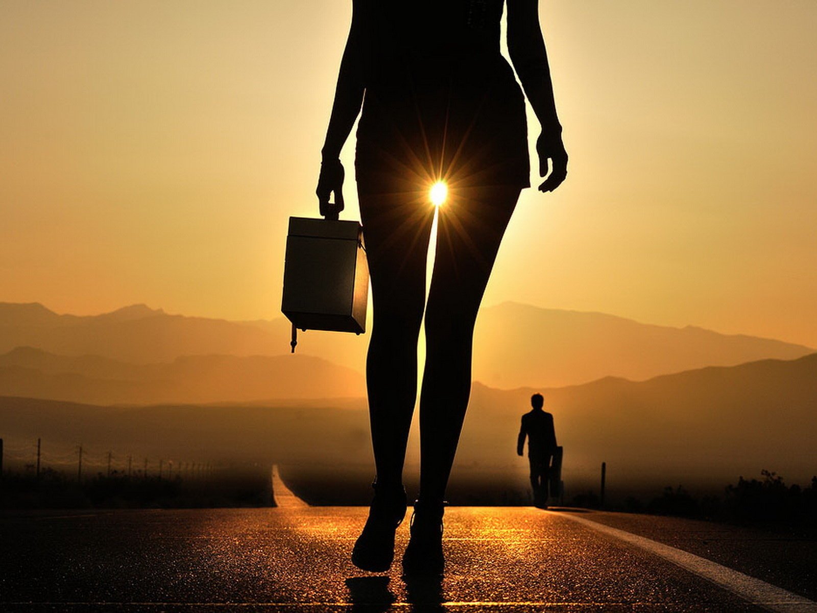 case cook kate sunset the sun rays girl silhouette suitcase feet mountains road nature pedestrians women valley