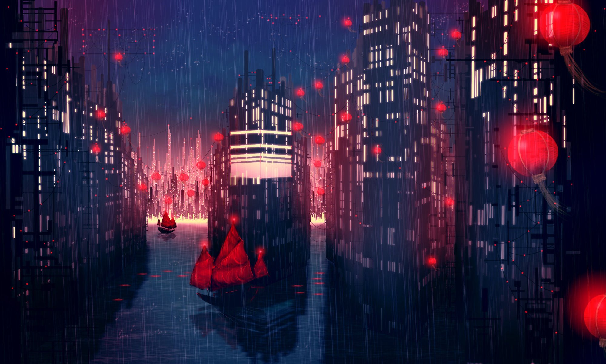 the city redlamp the city rain red night pouring east skyscrapers cities the lights of the city. drawings anime