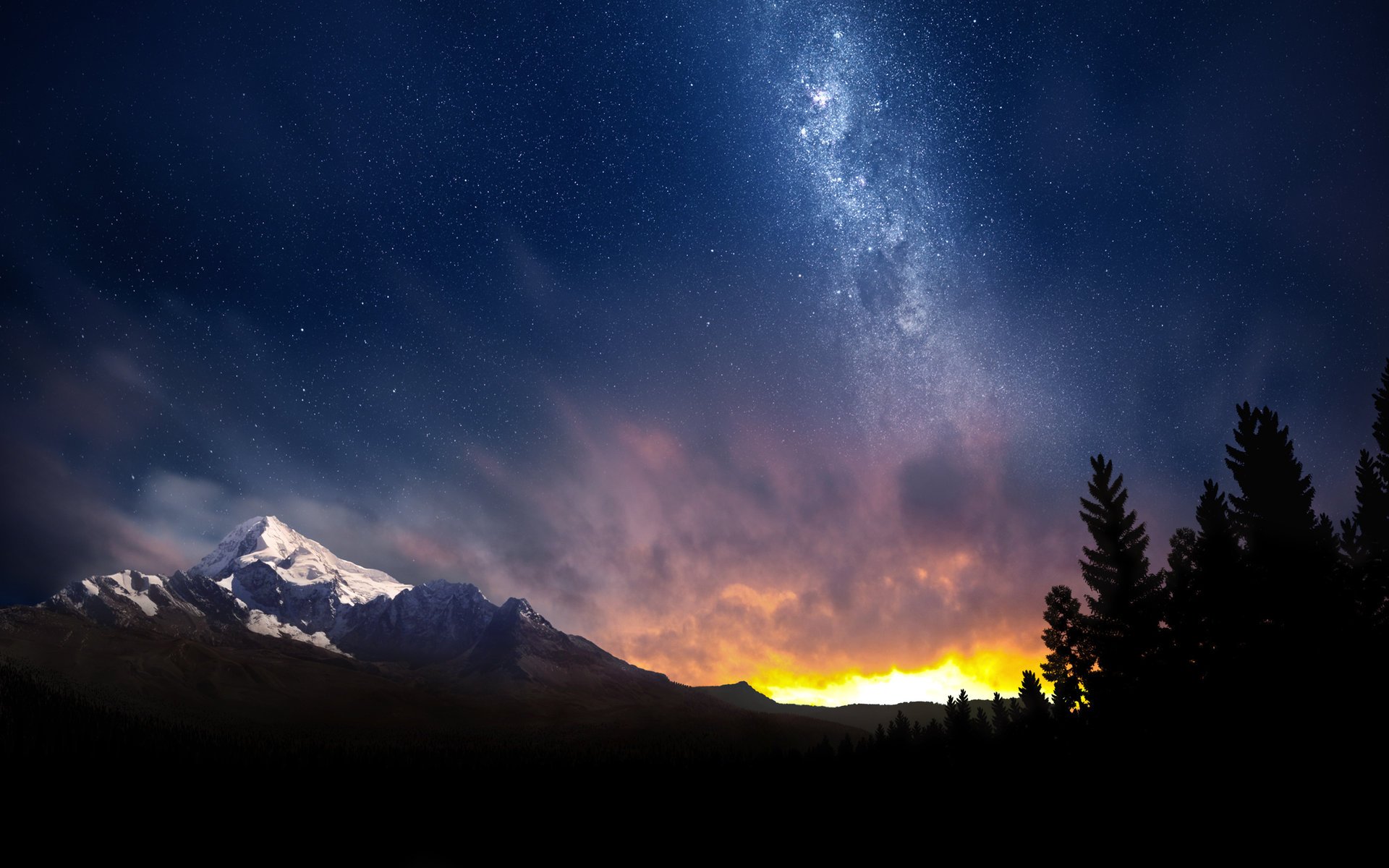 cook ket montagnes coucher de soleil ciel nocturne nuit arbres éclat paysage couronne obscurité nature