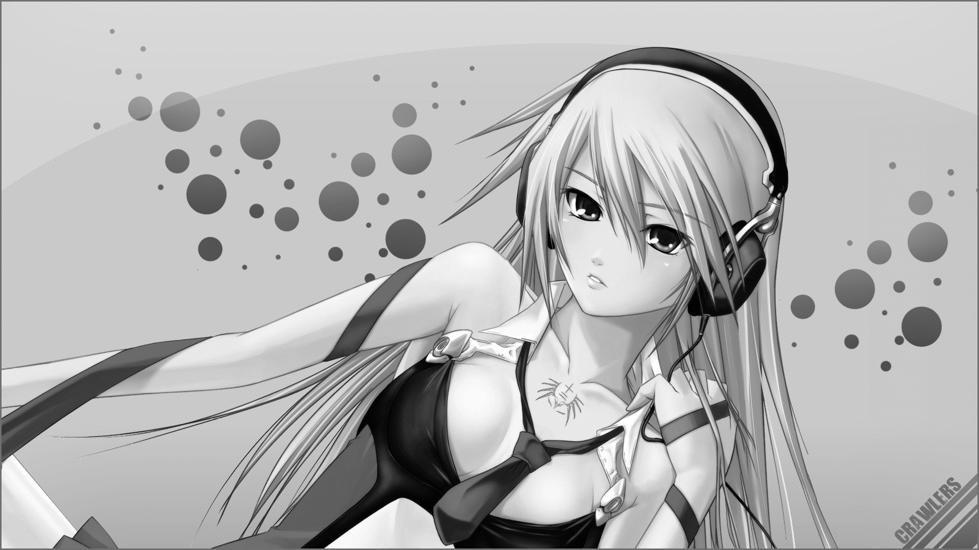 anime girl headphones tie black and white drawings eyes music