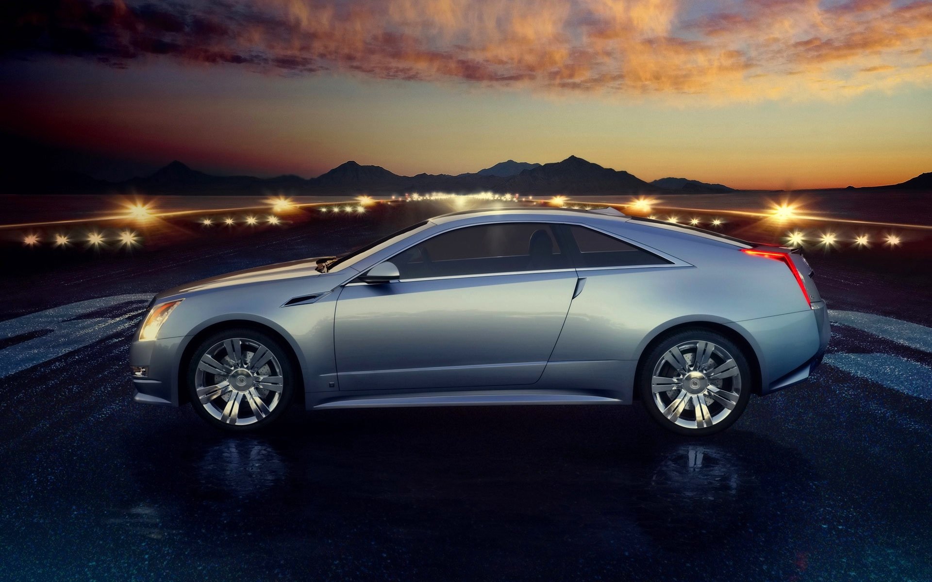 cadillac cts vue latérale voiture cadillac roues coucher de soleil ciel soir