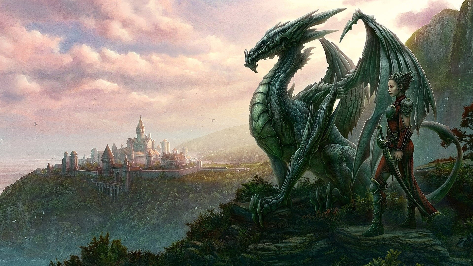 dragon homme vue kerem beyit ville dessins anime science-fiction ciel nuages fantaisie arme fille château forteresse falaise forêt fourré fourrés hauteur