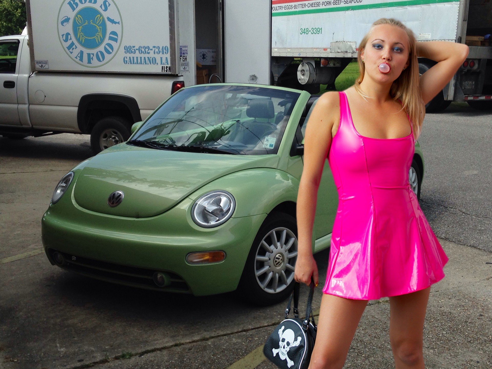 beetle blonde girl vehicle