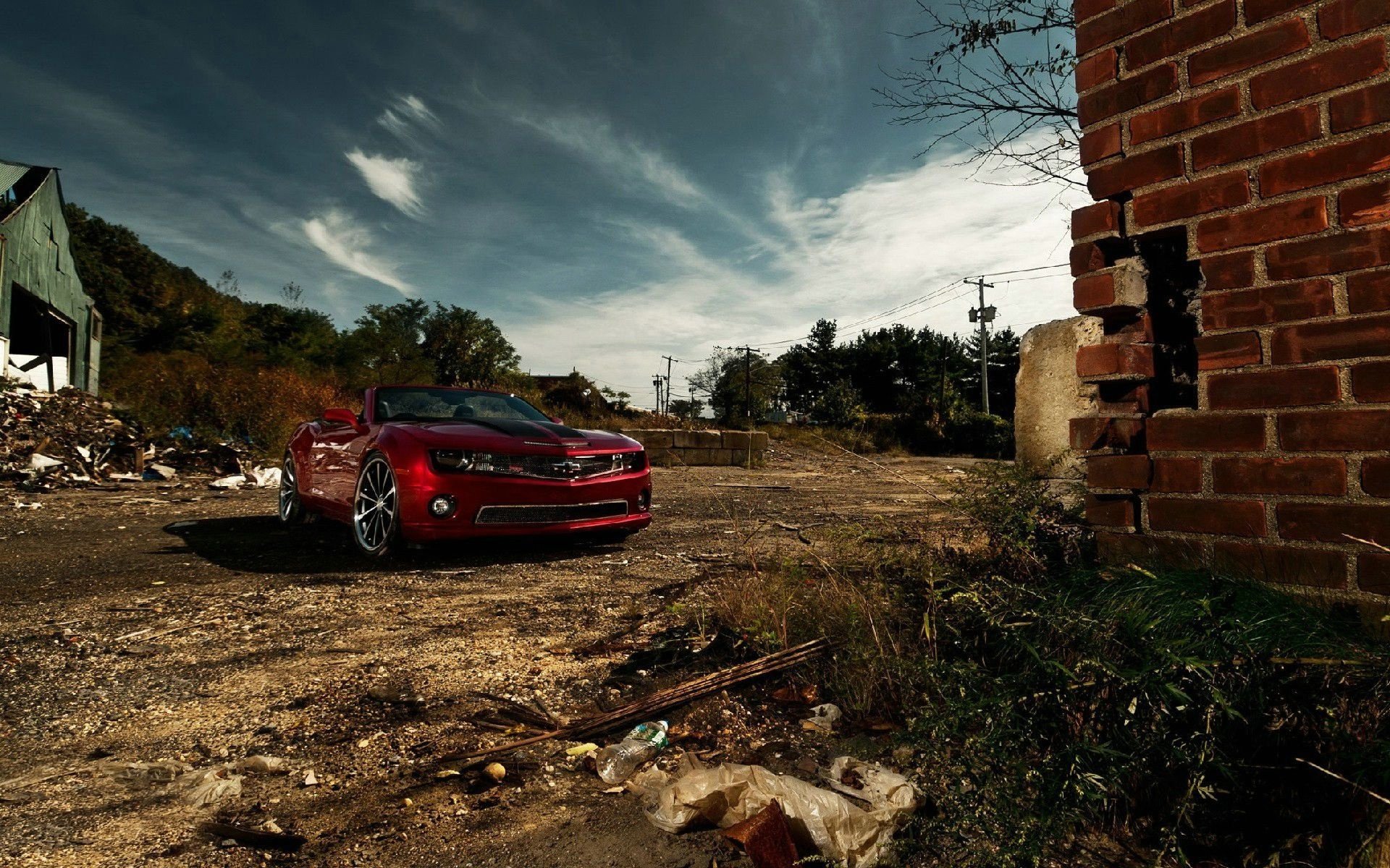 car autos autos auto transport maschinen himmel rotes auto ziegel wolken abend cabrio rotes auto cooles auto bäume gras müllkippe kraftfahrzeuge