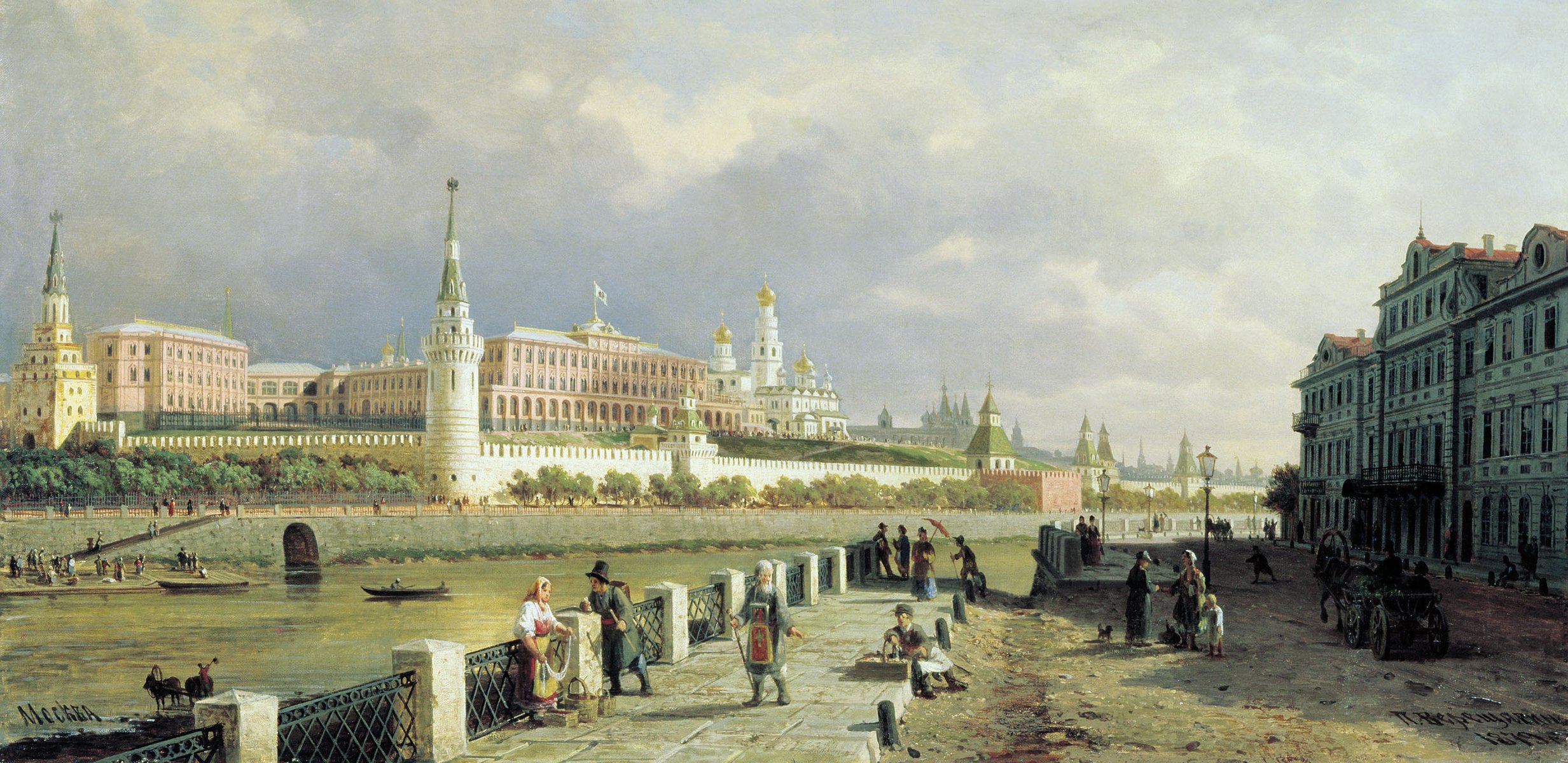 view of the moscow kremlin vereshchagin picture old russia moscow dome people river boats promenade walk the sky clouds city the kremlin