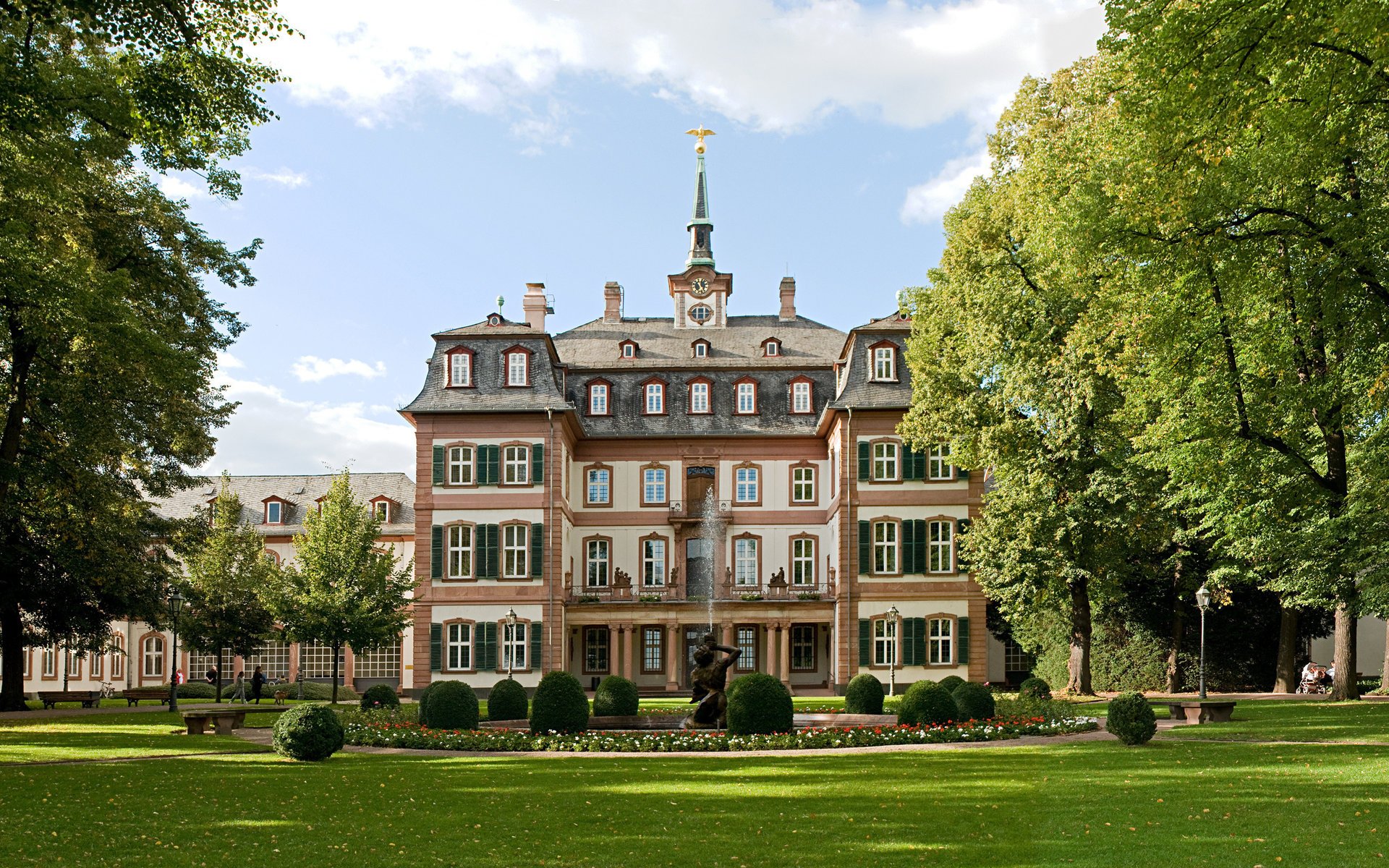 house flowers summer trees photo park garden architecture grass the building beds nature mansion parkland lawn greens fountain the sky clouds city