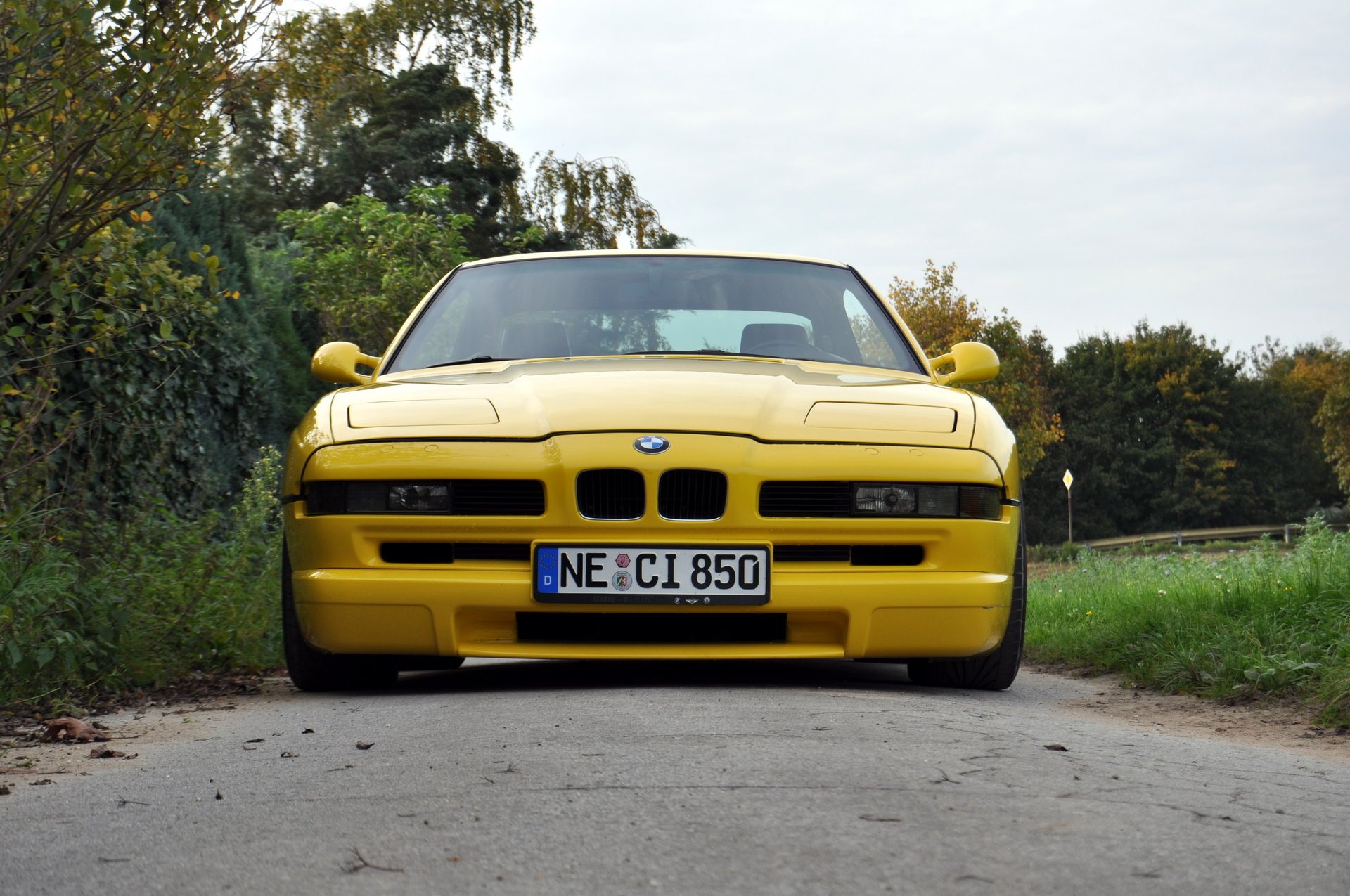 bmw 850 e31 bmw bmw coupé voiture de sport jaune style design high-tech techno allemagne bavière auto voiture jaune voiture véhicule transport herbe haie verdure vue de face feuillage voitures véhicules