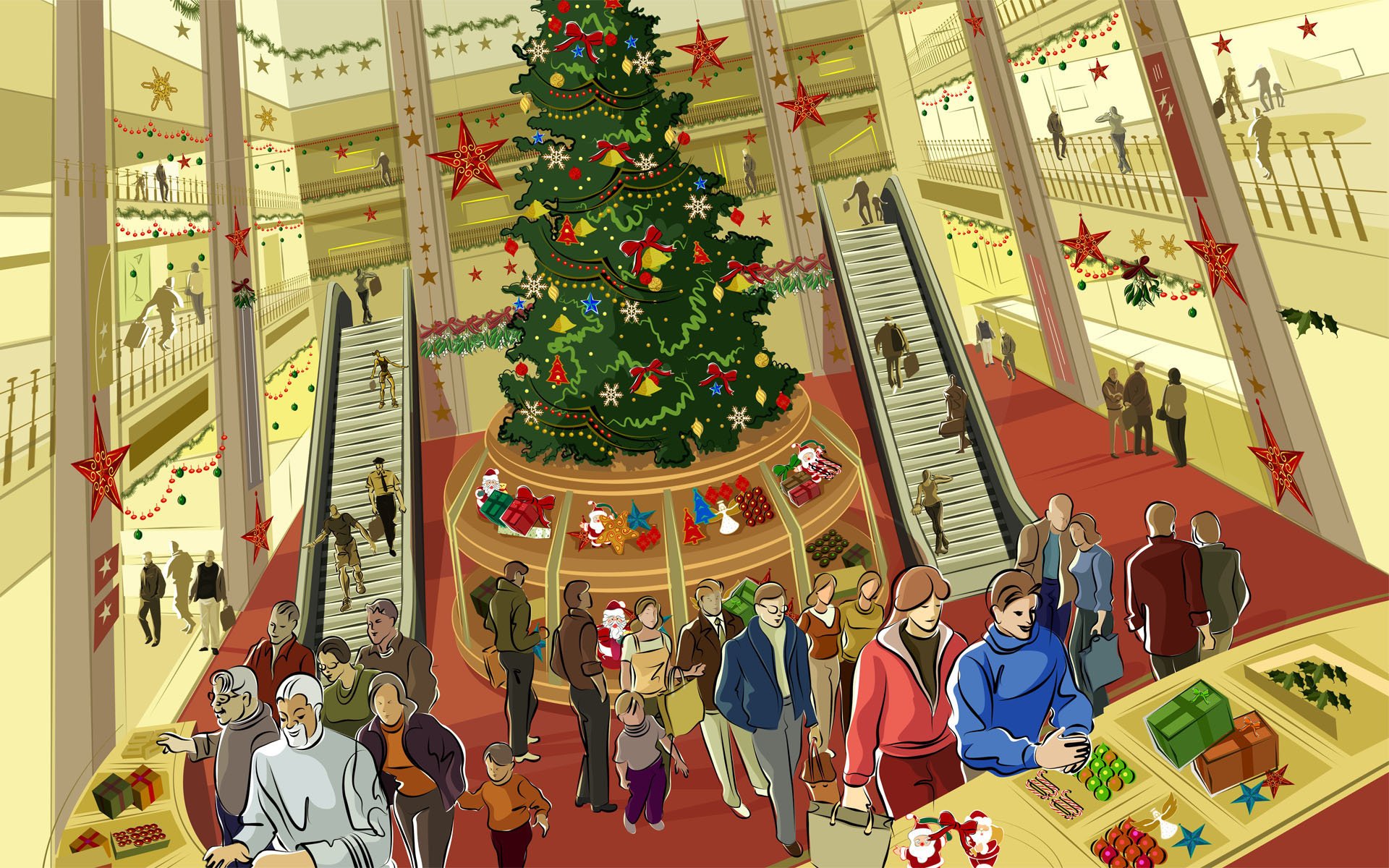 centro commerciale scala mobile cassiere acquirenti capodanno albero di natale negozio persone regali vivacità shopping umore vacanze stelle decorazioni disegni anime