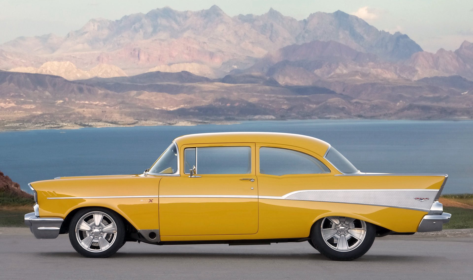 chevrolet project-x machine retro yellow a side view mountain lake day