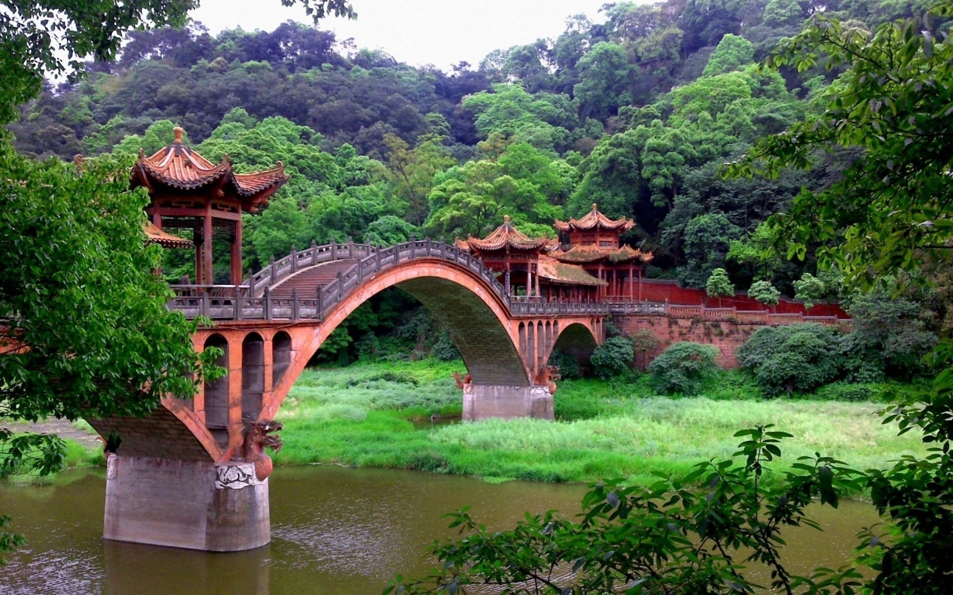 pont rivière chine asie forêt verdure nature zen végétation fourrés paysage ponts