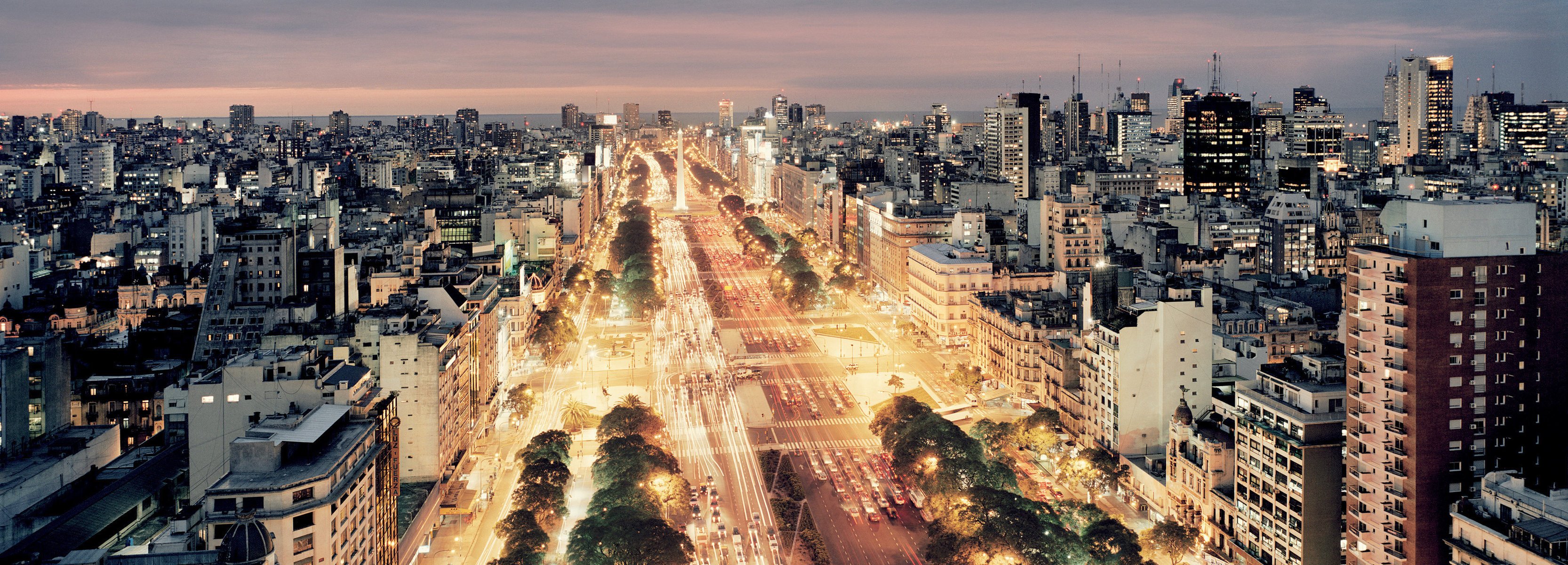 night panorama boulevard lights the city road street home view the sky skyscrapers megapolis trees crown avenue auto track the lights of the city