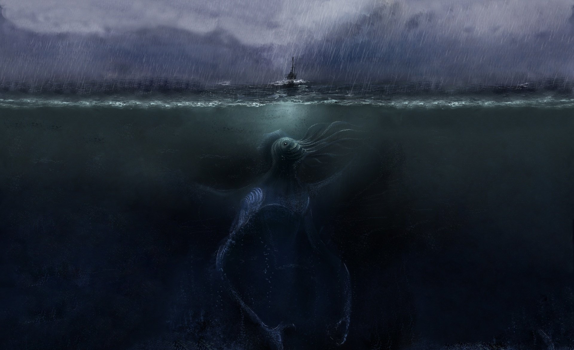 cthulhu cthulhu sea boat darkness thunderstorm rain bad weather element darkness under water