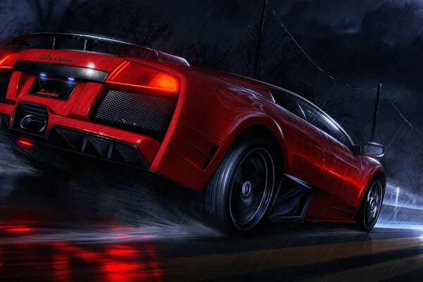 Czerwone Lamborghini w ruchu. Widok z boku