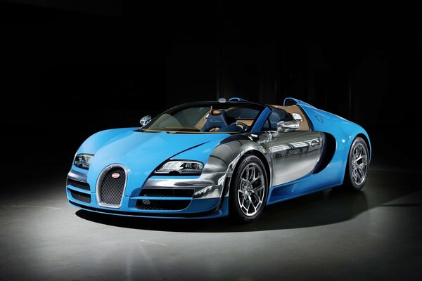 Bugatti veyron Auto in blauer Farbe auf dunklem Hintergrund