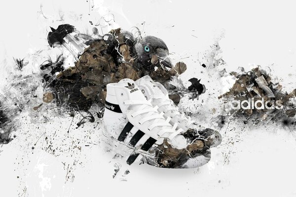 Adidas sneakers. Black and white. Birds and animals