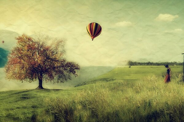 Balloon flight, green grass in the field