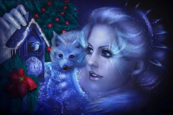 Portrait d une jeune fille avec une horloge et un animal sur un fond d arbre de Noël