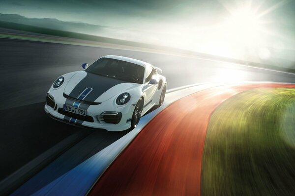 Porsche 911 during a high-speed race on the track