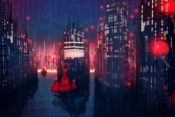 Ночной мегаполис с красными фонарями под дождем