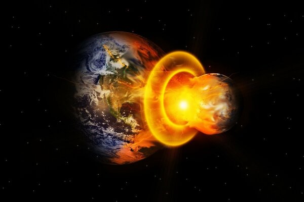 Вспышка огня в космическом пространстве на фоне Земли