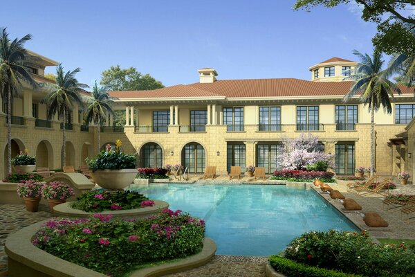 Swimming pool with fountains and flowers